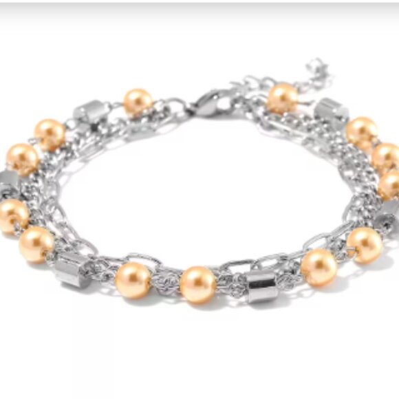 Golden Color Shell Pearl 3 Row Bracelet in Stainless Steel (7.5-9.0In) - Picture 2 of 3